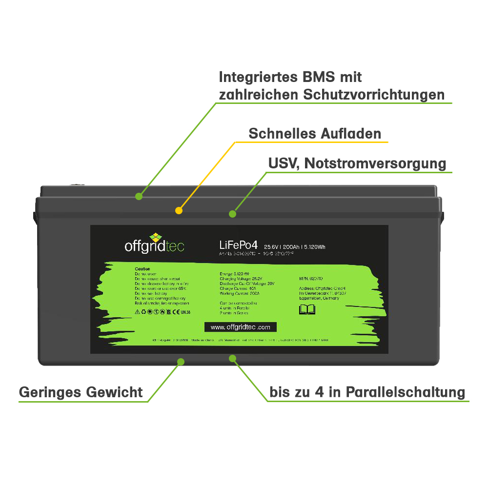 Offgridtec LifePo4 battery 25.6/200 25.6V 200Ah BMS integrated 5120Wh
