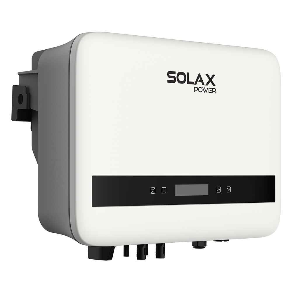 Schrägansicht von links: weiß/schwarzer Solax X1-BOOST-6K-G4 PV-Wechselrichter mit Display