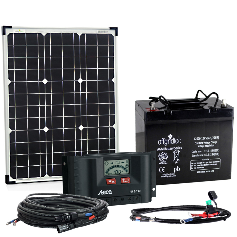 Gemeinsame Ansicht von Solarmodul, Batterie, Laderegler und Anschlusskabel