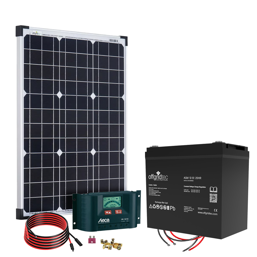 Setansicht: Offgridtec Solarmodul und Batterie, Steca Laderegler mit Display, Kabel, Sicherung und Polklemmen