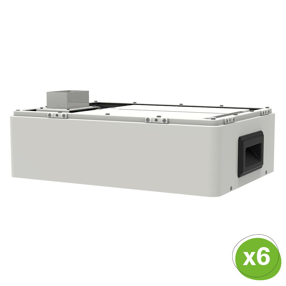 Schrägansicht: Weiße, rechteckige SolaX T-BAT TP-HS36 Hochvoltbatterie mit Mengenangabe "x6"