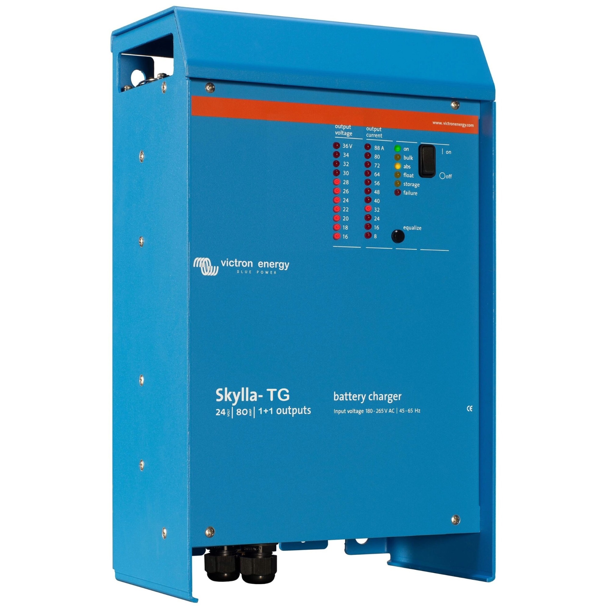 blaues Victron Skylla-TG Batterieladegerät 24-80 schräge Frontansicht links
