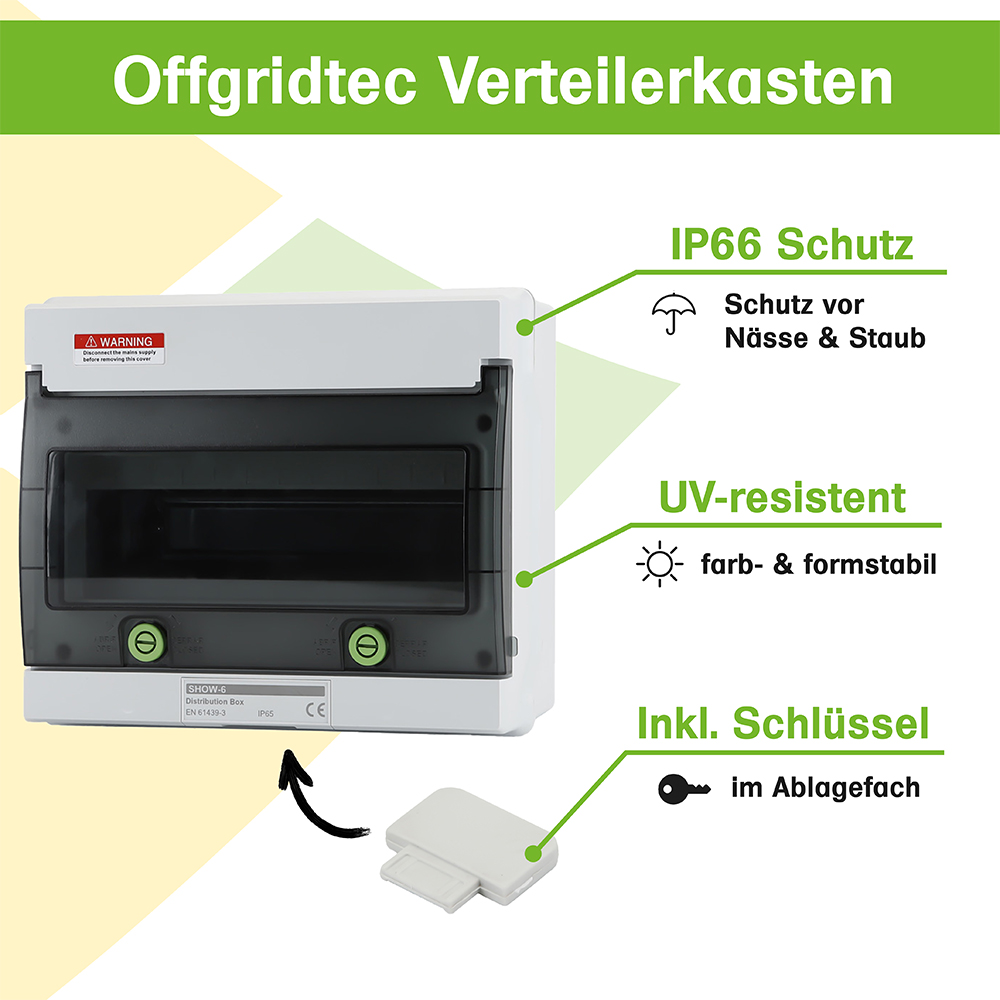Infografik: Verteilerkasten 12 TE: IP66 Schutz, UV-Resistenz, Inklusive Schlüssel in herausnehmbarem Schubfach Infografik: Verteilerkasten 12 TE: IP66 Schutz, UV-Resistenz, Inklusive Schlüssel in herausnehmbarem Schubfach