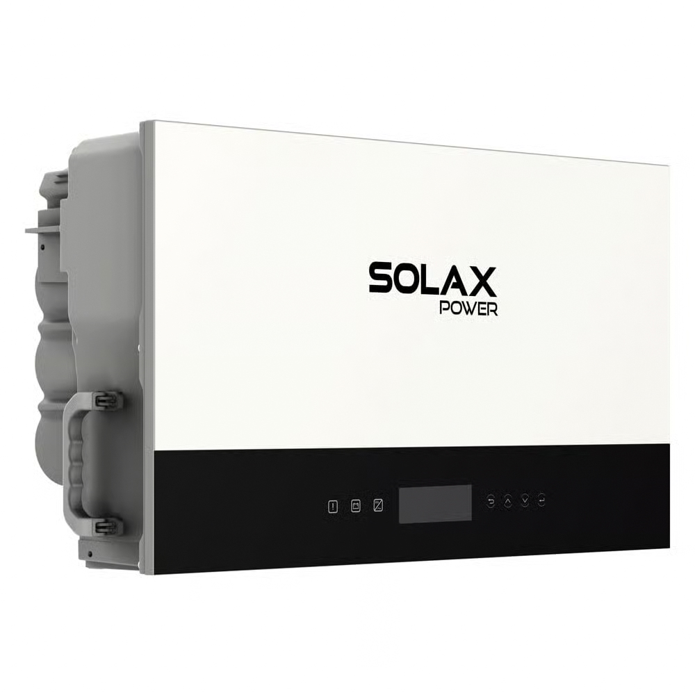 Frontansicht des schwarz-weißen Solax X1-IES Hybrid-Wechselrichters mit Logo, Display und Bedienknöpfen