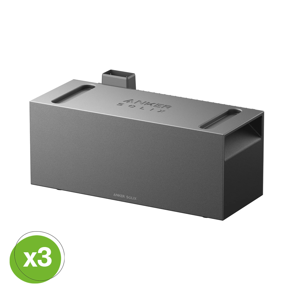 Schrägansicht: graue Anker SOLIX BP2700 Erweiterungsbatterie, unten links ist ein grüner Kreis mit x3