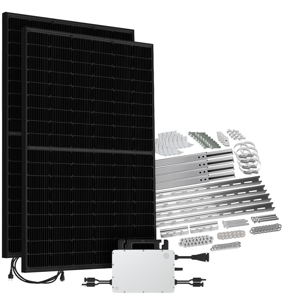 Offgridtec® Solar-Direct 900W HMS-800W-2T Balkonkraftwerk Bifazial Full Black Schukosteckdose - 5m - Montageset für Balkongeländer