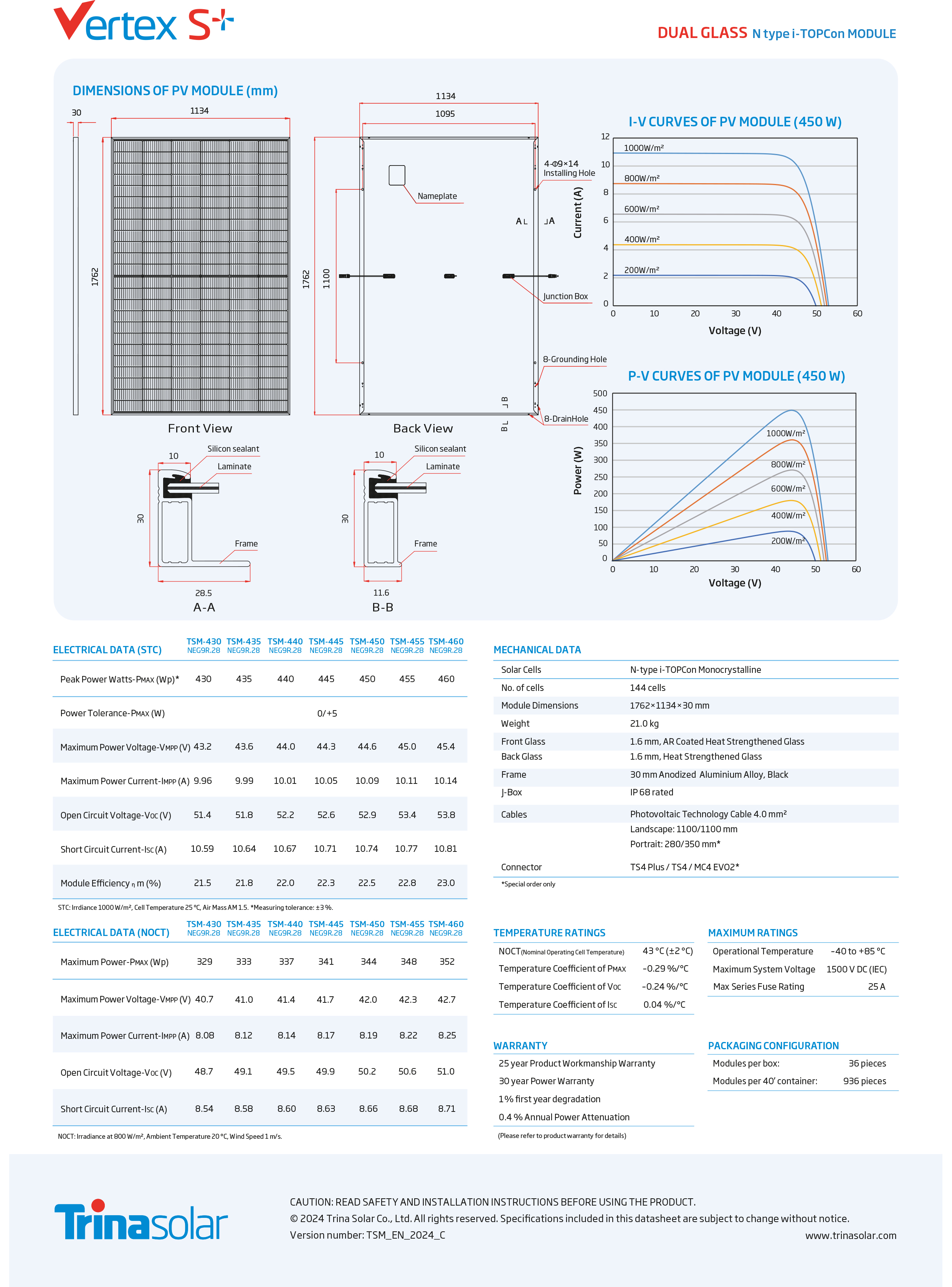 Seite 2 Datenblatt Trina Solar Vertex S+ Dual-Glas N-Type TopCon 450W Solarmodul; auch in den Downloads zu finden