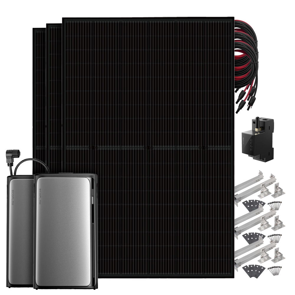 Setansicht: 3 Solarmodule, EcoFlow Stream Pro All-in-One System, AC Pro Batterie, Smart Meter, Kabeln und Flachdach-Montageset