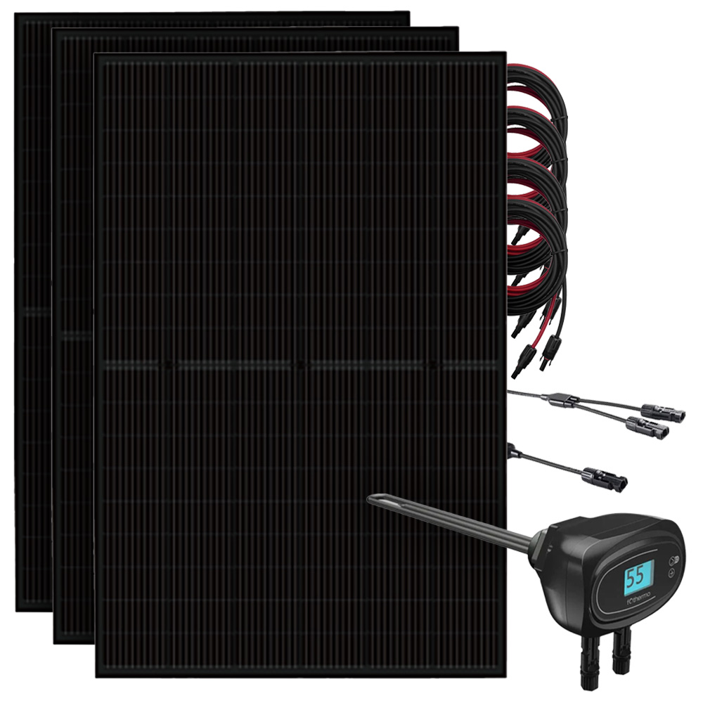 Setansicht: Drei Full-Black Solarmodule, Heizstab, vier MC4-Kabel und zwei Y-Abzweigbuchsen mit Verlängerung Setansicht: Drei Full-Black Solarmodule, Heizstab, vier MC4-Kabel und zwei Y-Abzweigbuchsen mit Verlängerung