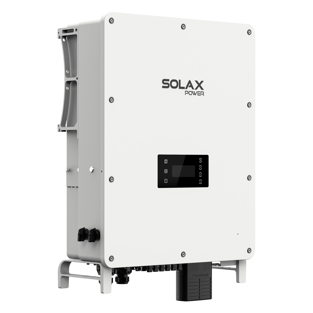 Schrägansicht von links: weißer Solax AEOLIO Energy Storage; schwarzes Bedienfeld mit Display & Anschlüsse unten und seitlich