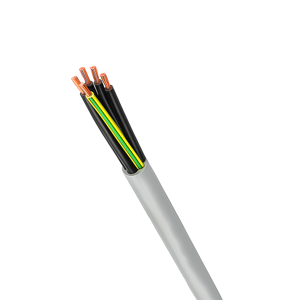 Grau ummantelte Steuerleitung mit fünf Adern: grün-gelb und schwarz; Leiter aus Kupfer