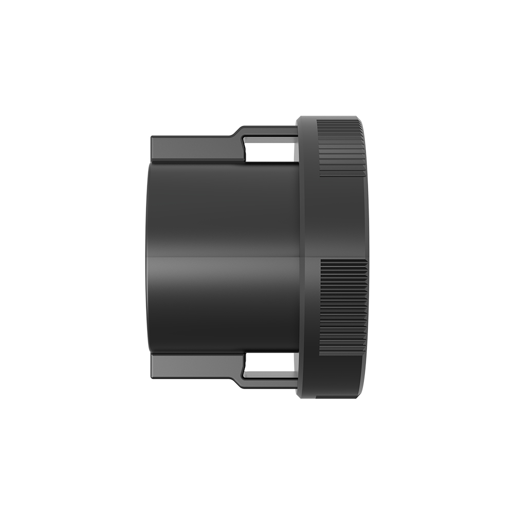  Seitenansicht: schwarze Solax AC Trunk End Cap mit geriffeltem Rand