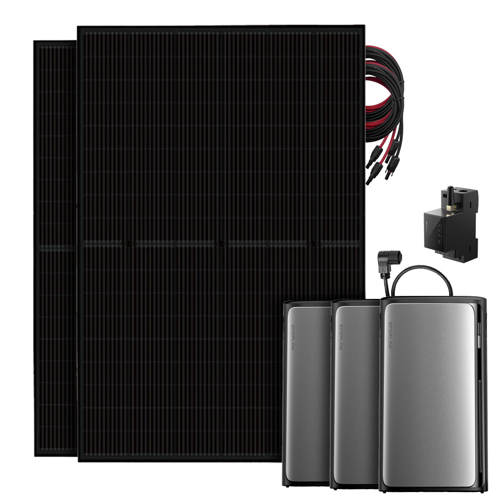 Setansicht: 2 Solarmodule, EcoFlow Stream Pro All-in-1 System, 2 AC Pro Batterien, Smart Meter und Kabeln