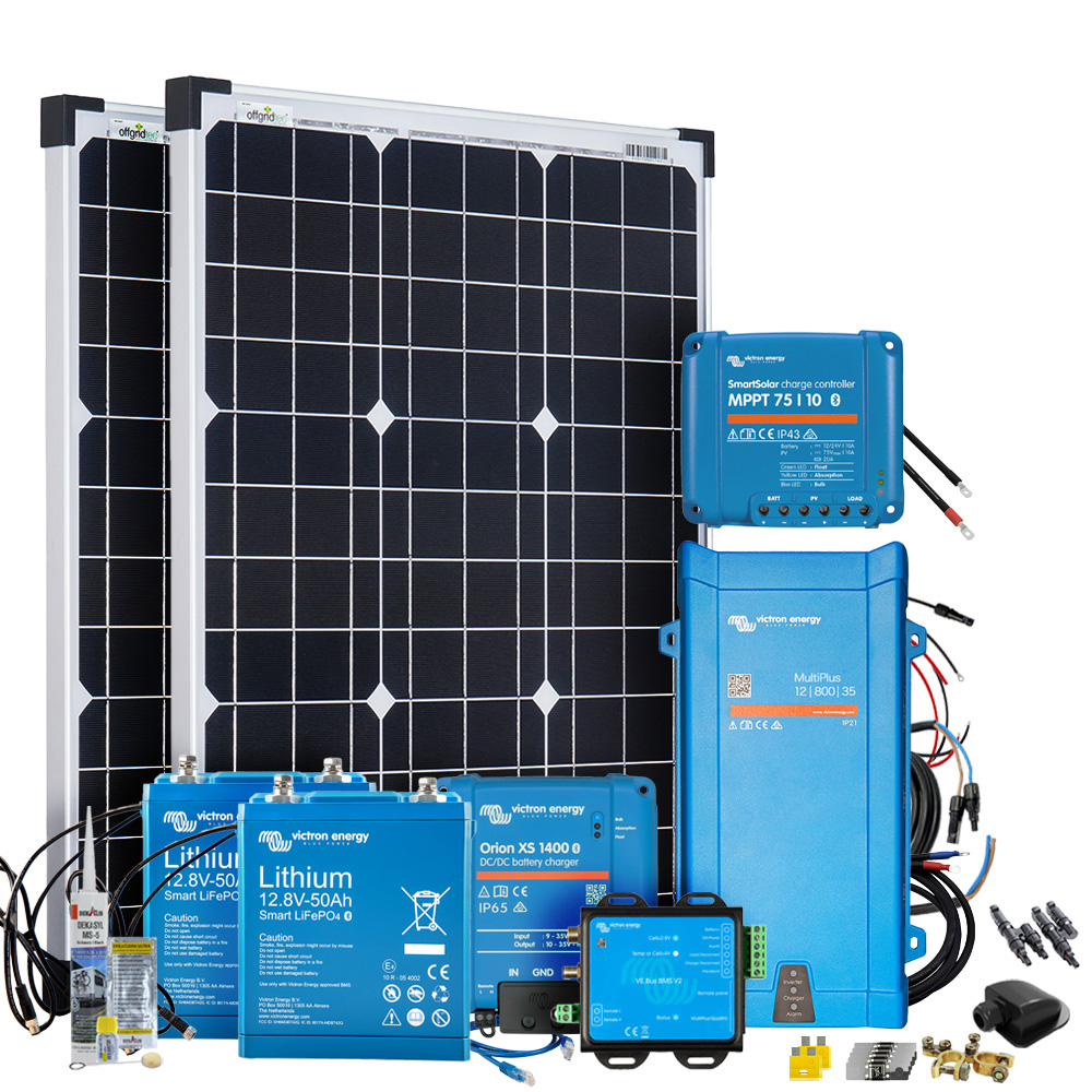 Setansicht: 2 Solarmodule, 2 Victron Batterien mit passendem BMS, MultiPlus, SmartSolar, Orion XS und umfangreichem Zubehör