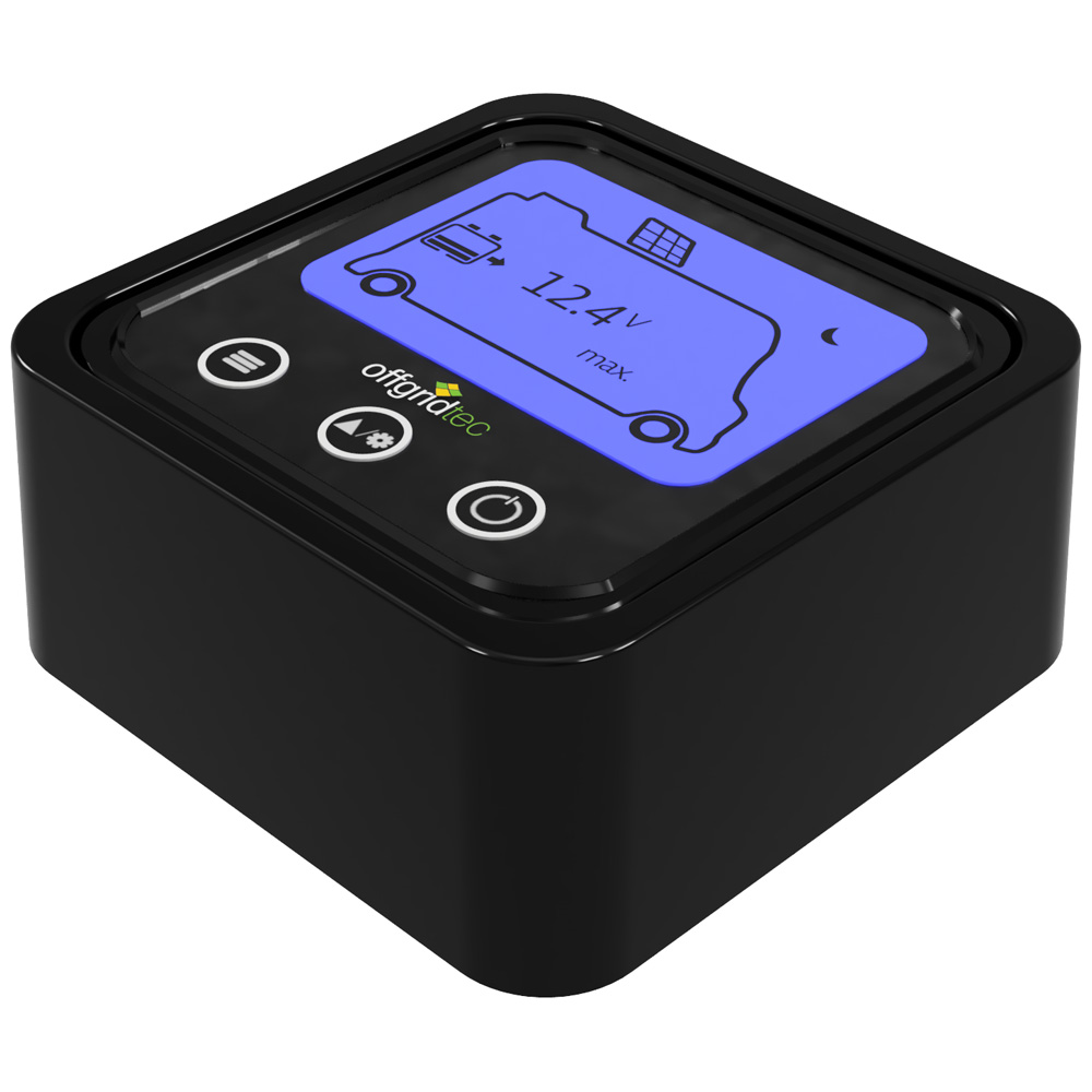 Schrägansicht des Offgridtec Fernanzeige-Displays für MPPT Pro Duo Laderegler mit Spannungsanzeige und Bedienknöpfen