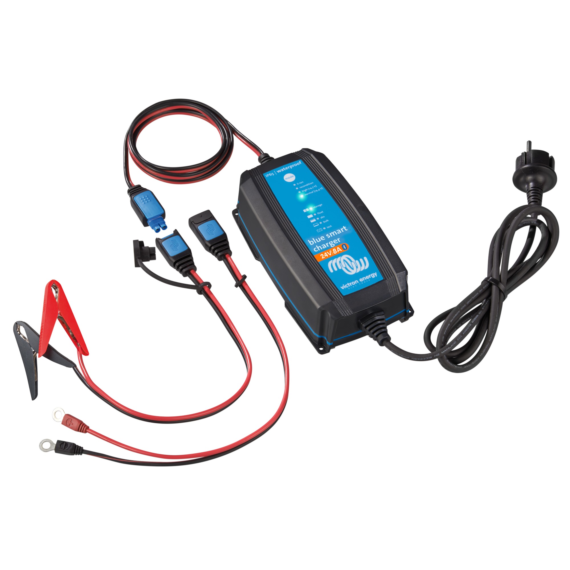 Victron BlueSmart Batterieladegerät IP65 24/8 Schrägansicht Front mit Zubehör