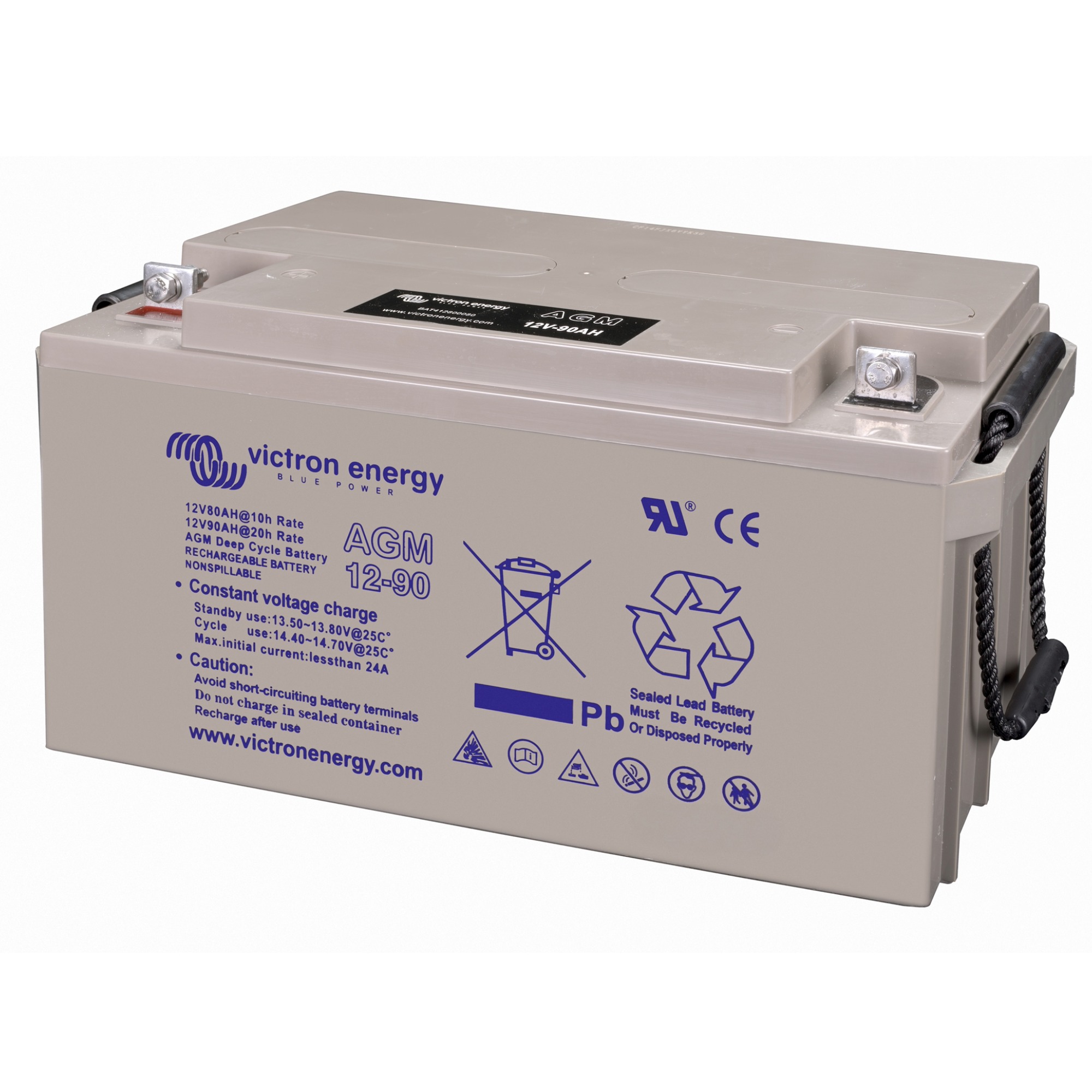 Victron AGM Deep Cycle 12V 90Ah Batterie grau schräge Frontansicht rechts