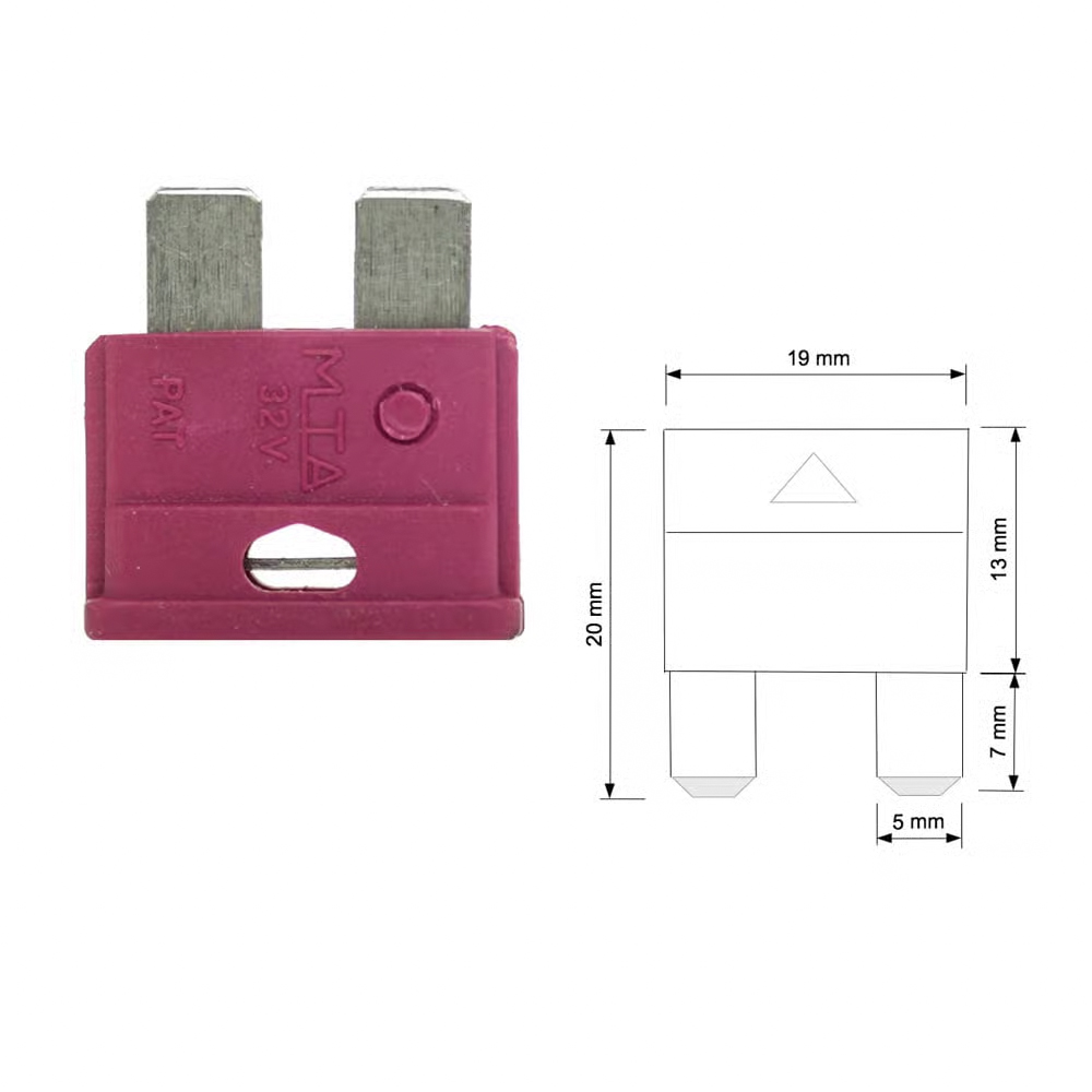 Lila 10A KFZ Flachsicherung 6-32V, daneben technische Zeichnung mit Abmessungen: 19x20mm