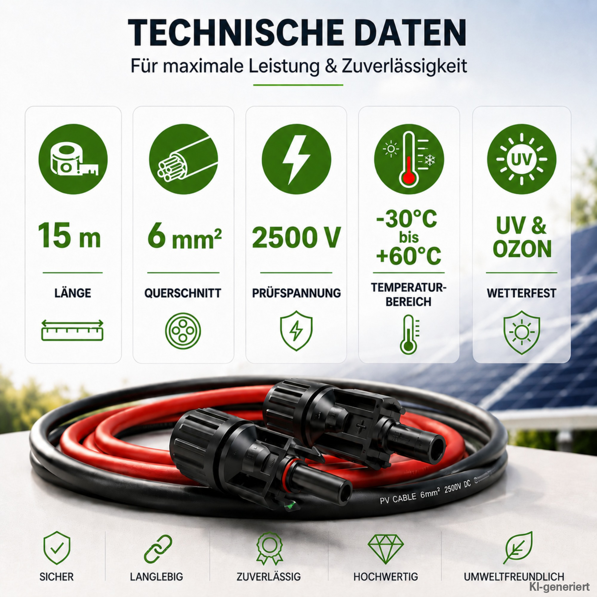 Technische Daten zu 15m 6mm Solarkabel mit Solarmodul im Hintergrund