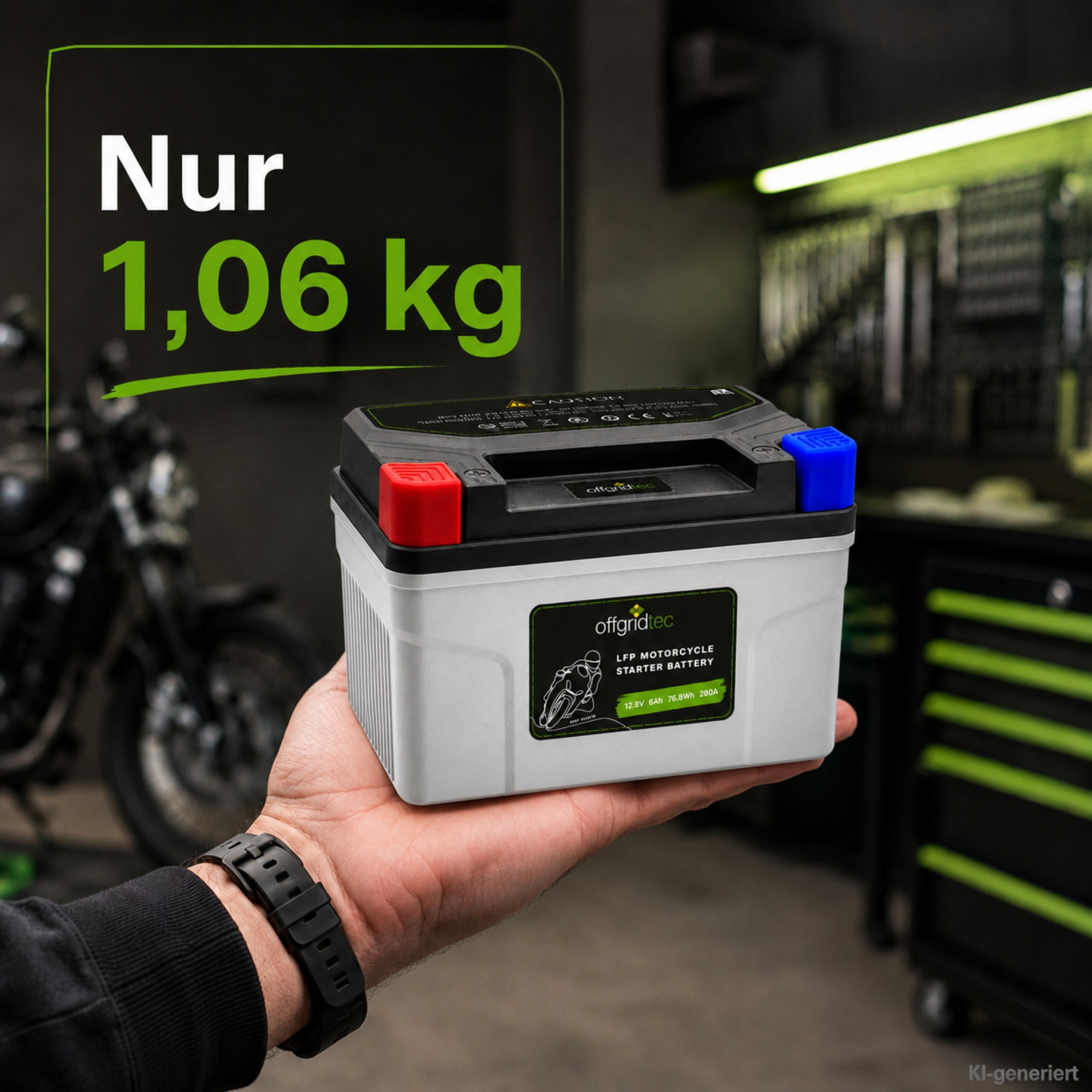 graue Motorradbatterie auf Hand in Werkstatt - nur 1,06kg