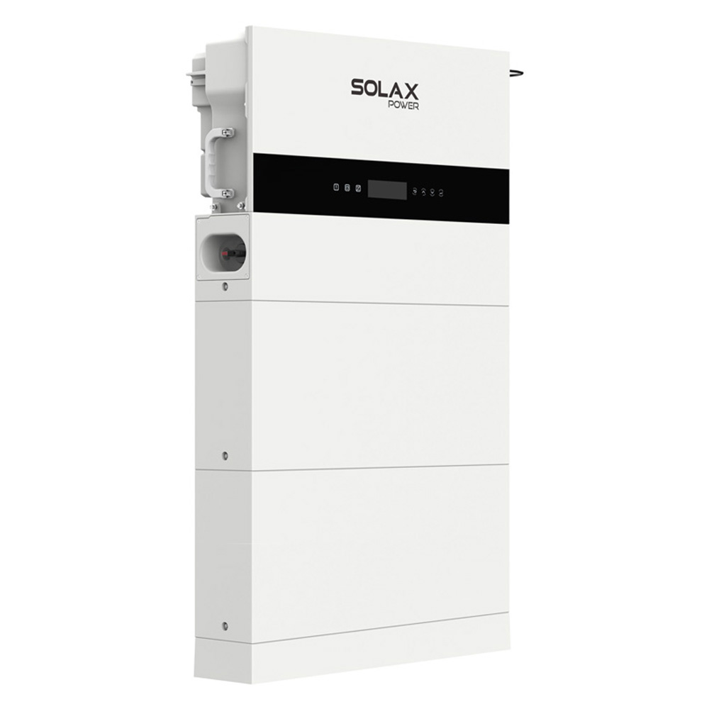 Schrägansicht von links: weißes Solax X1-IES Speichersystems mit Wechselrichter, 2 Batterien und BMS Schrägansicht von links: weißes Solax X3-IES Speichersystems mit Wechselrichter, 2 Batterien und BMS