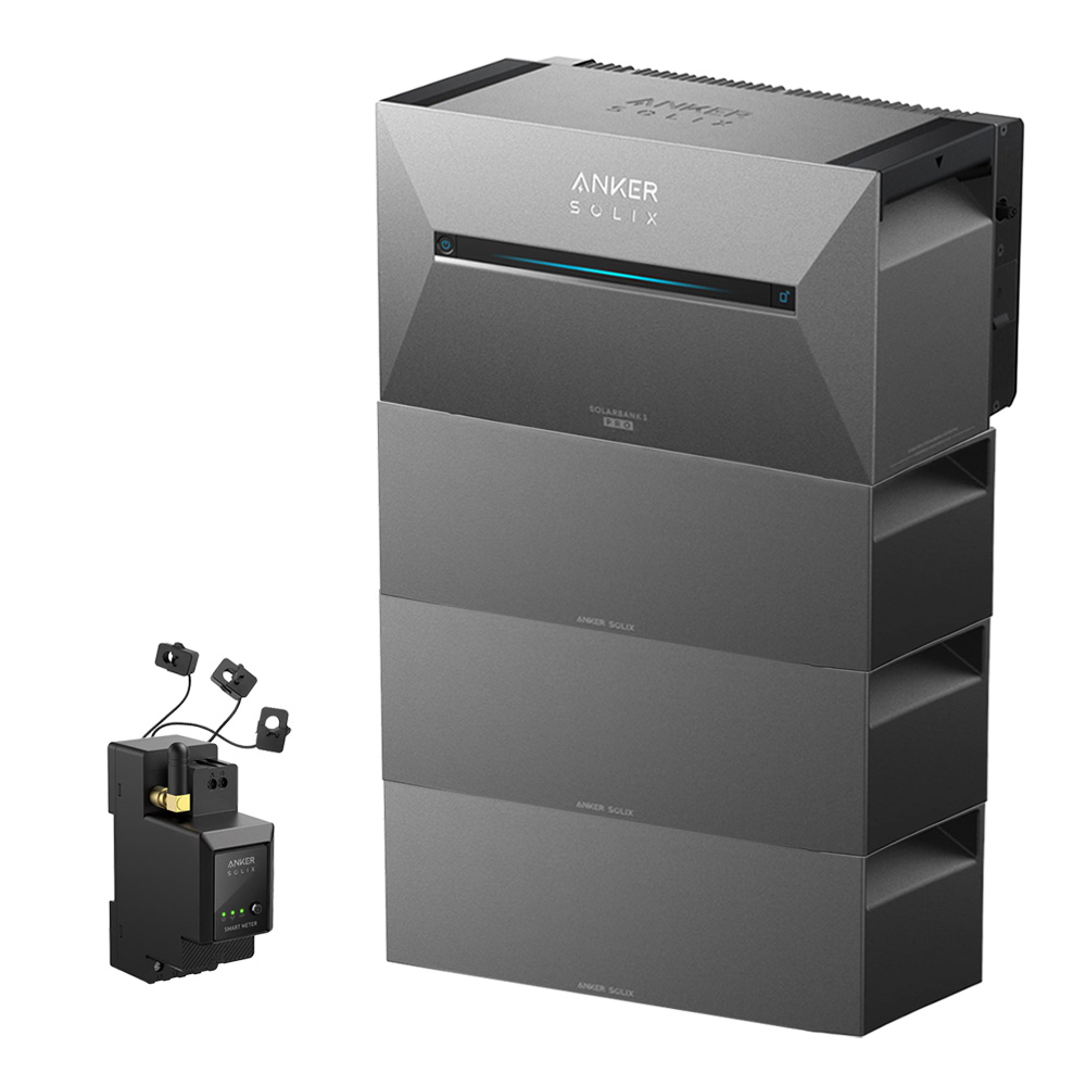Setansicht: Anker Solix Stromzähler + 3 Stromwandler, daneben die Solix 3 Solarbank Pro E2700 mit 3 Erweiterungsbatterien