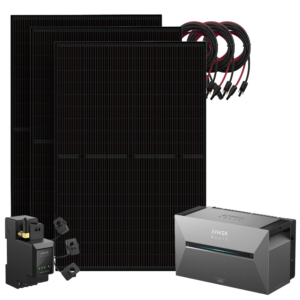 Setansicht: 3x Solarmodule, 1x Solix 3 Solarbank, 1x Stromzähler, 3x Kabel-Set