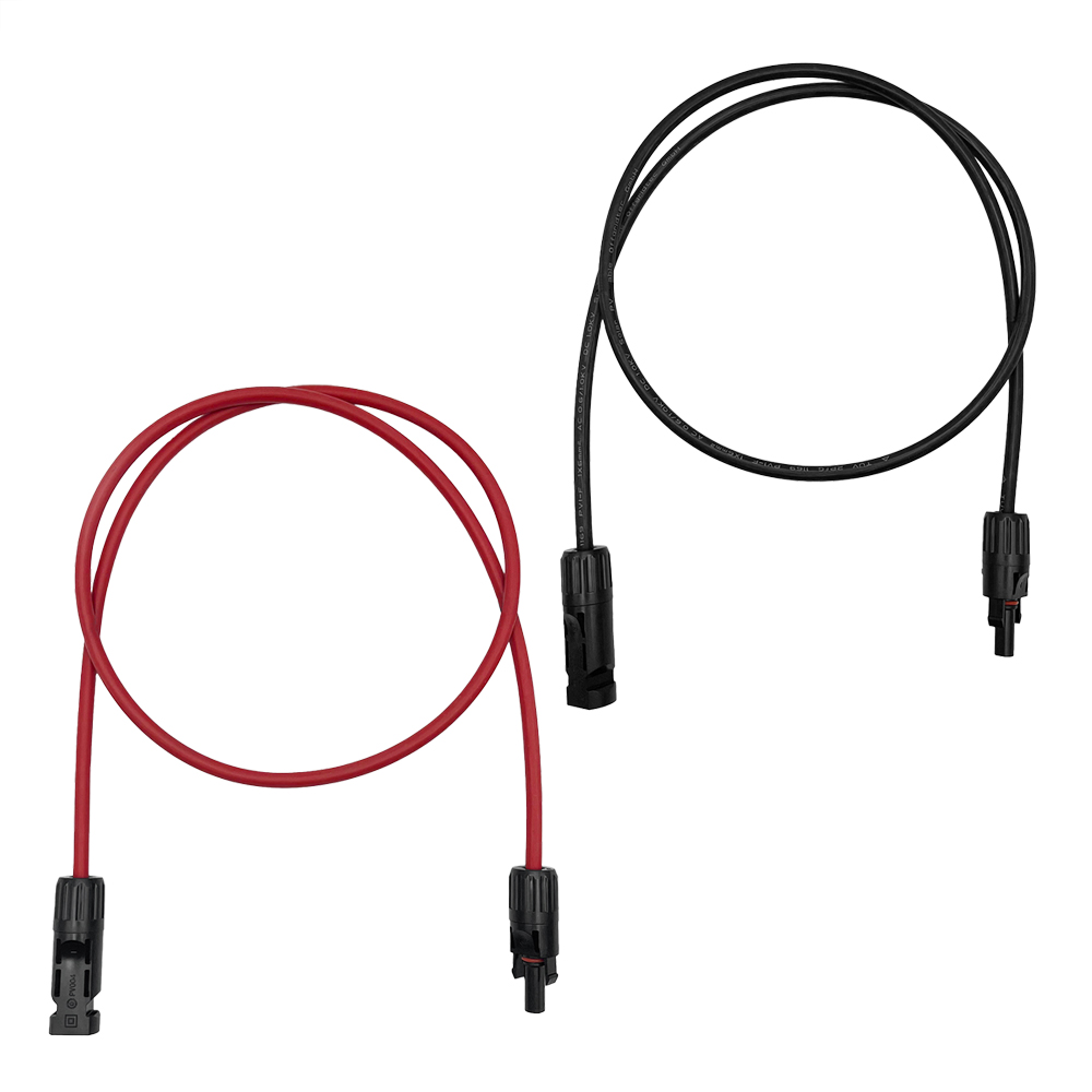 Draufsicht: Ein rotes und ein schwarzes 2 Meter MC4-zu-MC4 Kabel, beide aufgewickelt