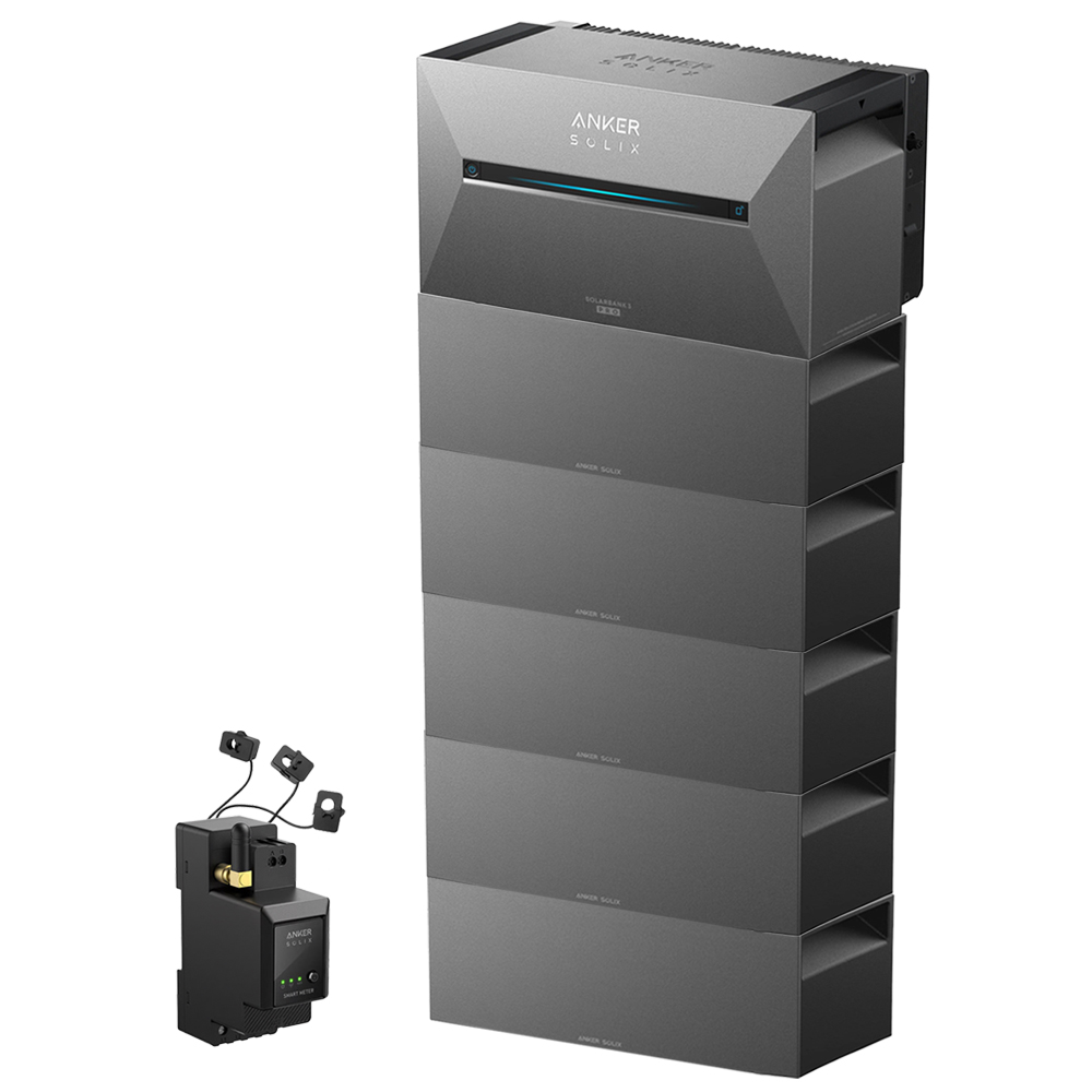 Setansicht: Anker Solix Stromzähler + 3 Stromwandler, daneben die Solix 3 Solarbank Pro E2700 mit 5 Erweiterungsbatterien