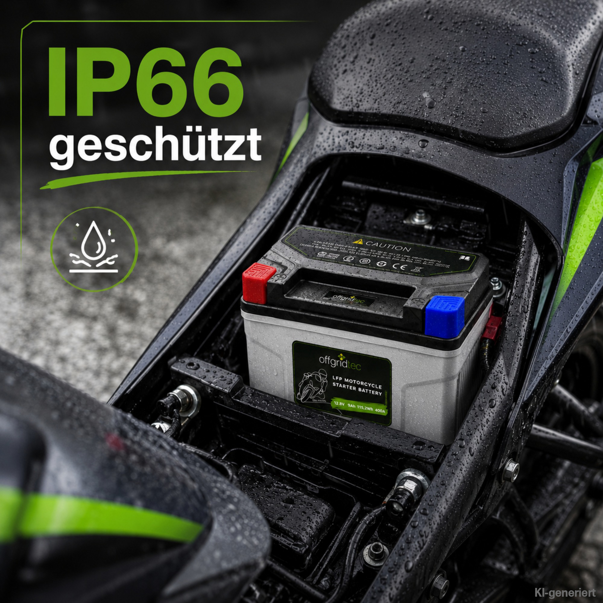 graue Motorradbatterie in offenem Motorrad mit Spritzwasser