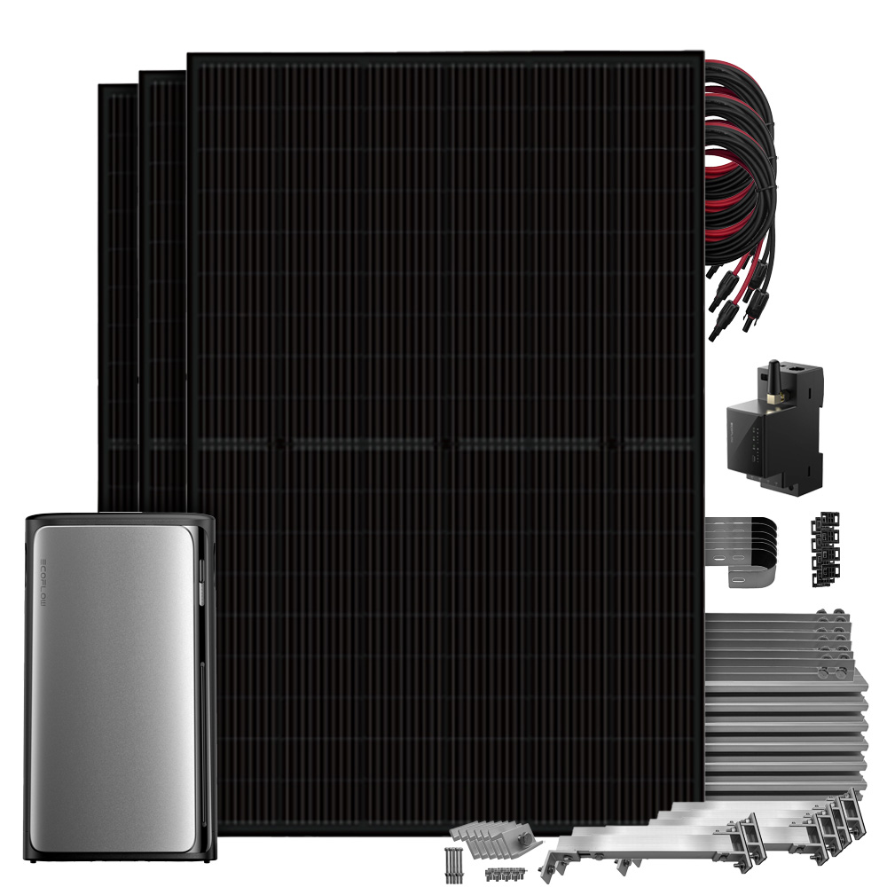 Setansicht: 3 Solarmodule mit EcoFlow Stream Pro All-in-One Speichersystem, Smart Meter, 3 MC4-Kabeln und Balkon-Montageset
