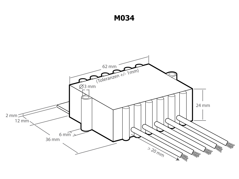 Technische Zeichnung des Kemo M034 Verstärkers mit Abmessungen: 62x36x24mm