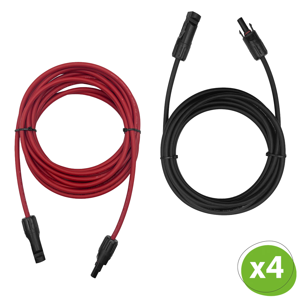 Zwei Verbindungskabel MC4 zu MC4 6mm²  5m in rot und schwarz, aufgewickelt, unten rechts befindet sich die Mengenangabe x4