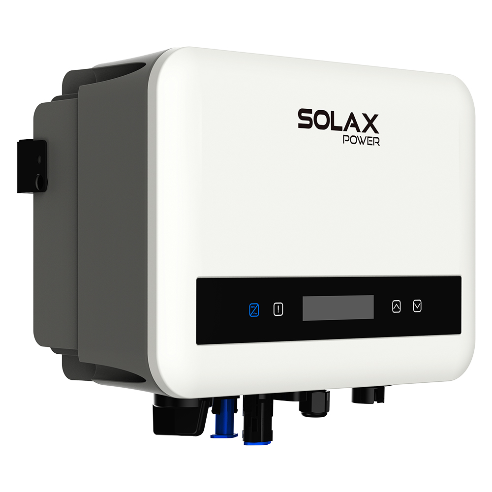 Schrägansicht von links: weiß/schwarzer Solax X1-MINI-3.3K-G4 PV-Wechselrichter mit Display
