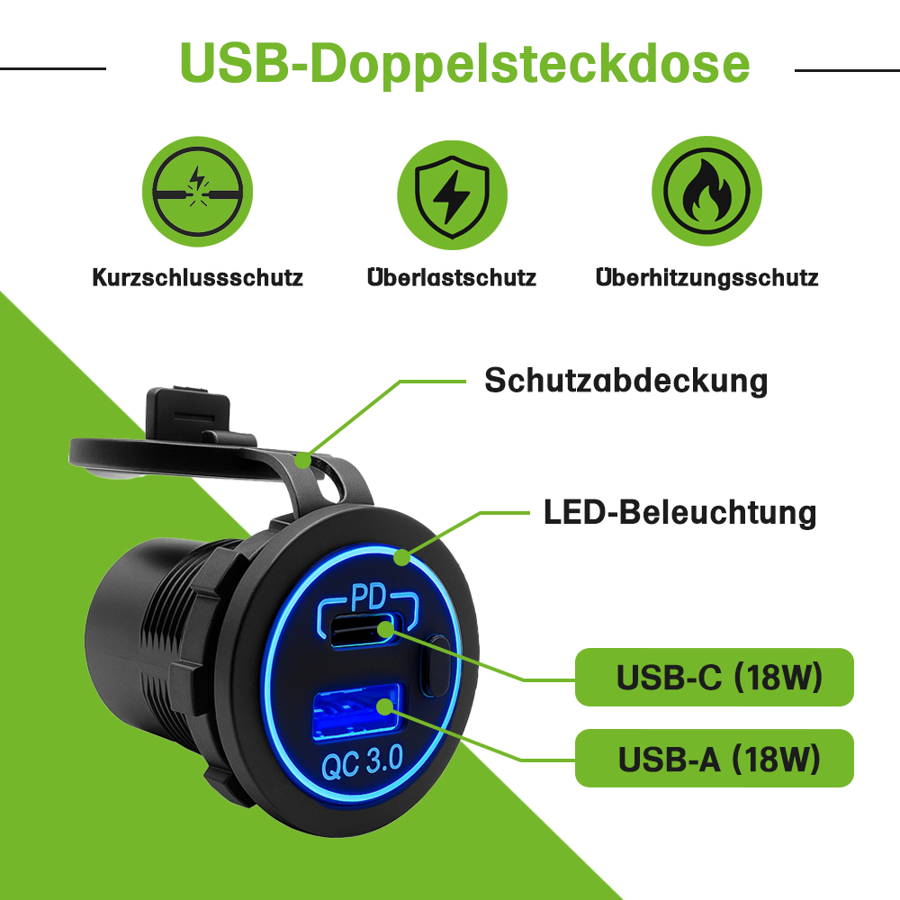 Grafik zur USB-Doppelsteckdose mit LED, Schutzabdeckung, USB-C & USB-A, sowie Kurzschluss-, Überlast- und Überhitzungsschutz