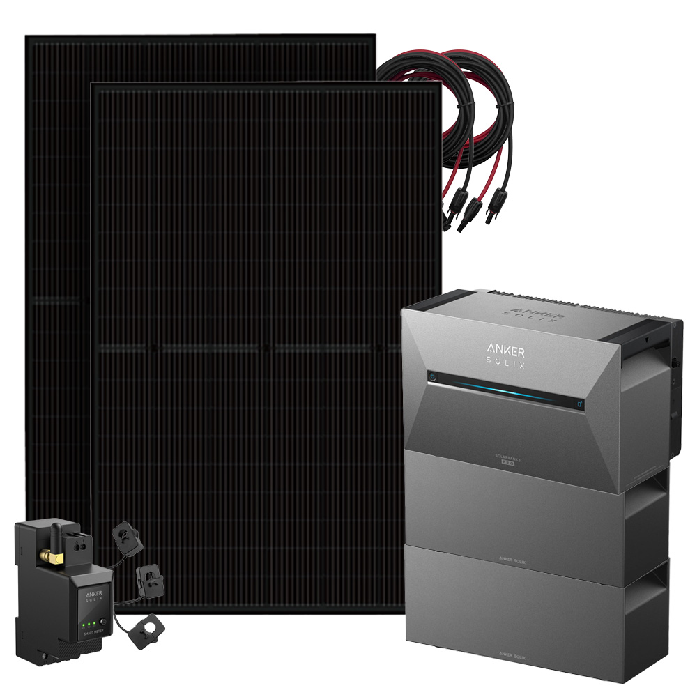 Setansicht: 2x Solarmodule, 1x Solix 3 Solarbank, 2x BP2700 Erweiterungsbatterie, 1x Stromzähler, 2x Kabel-Set