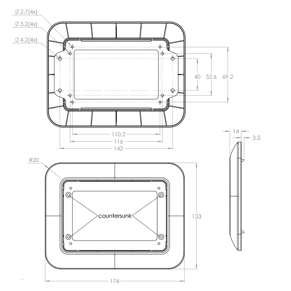 Technische Zeichnung des Adapters mit Bemaßung und Bohrmaßen