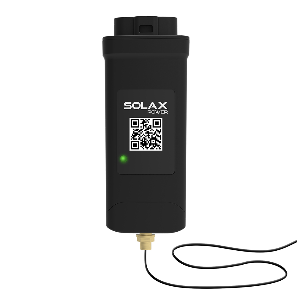 Frontansicht: Nahaufnahme des Solax Pocket WIFI+4GM Modul in Schwarz mit Status-LED und QR-Code