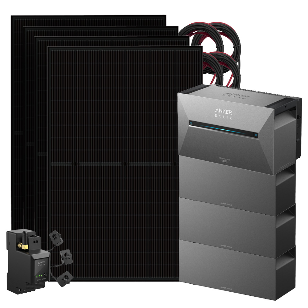 Setansicht: 4x Solarmodule, 1x Solix 3 Solarbank, 3x BP2700 Erweiterungsbatterie, 1x Stromzähler, 4x Kabel-Set