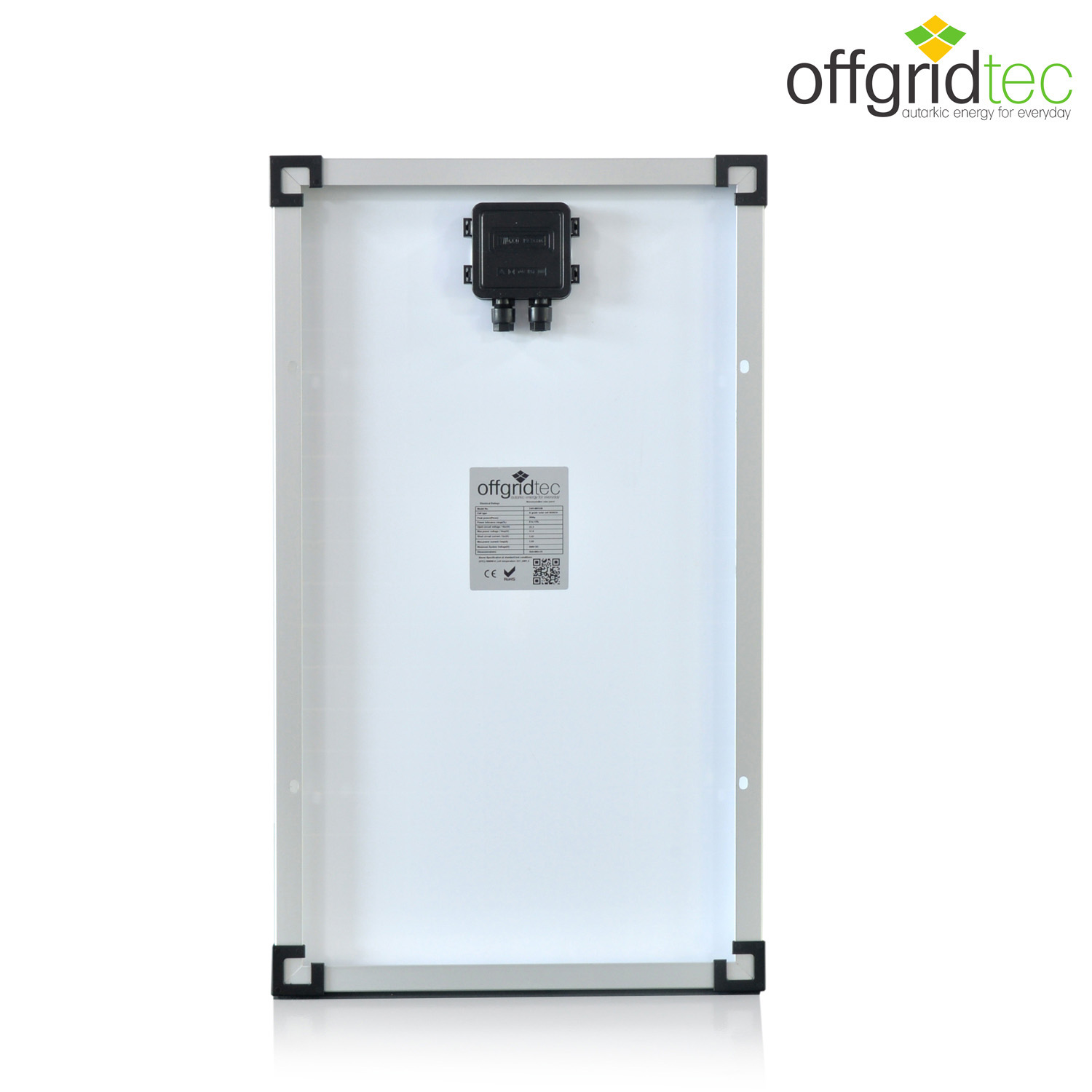 Solarmodul mit silbernen Rahmen von Hinten mit sichtbarer Anschlussbox