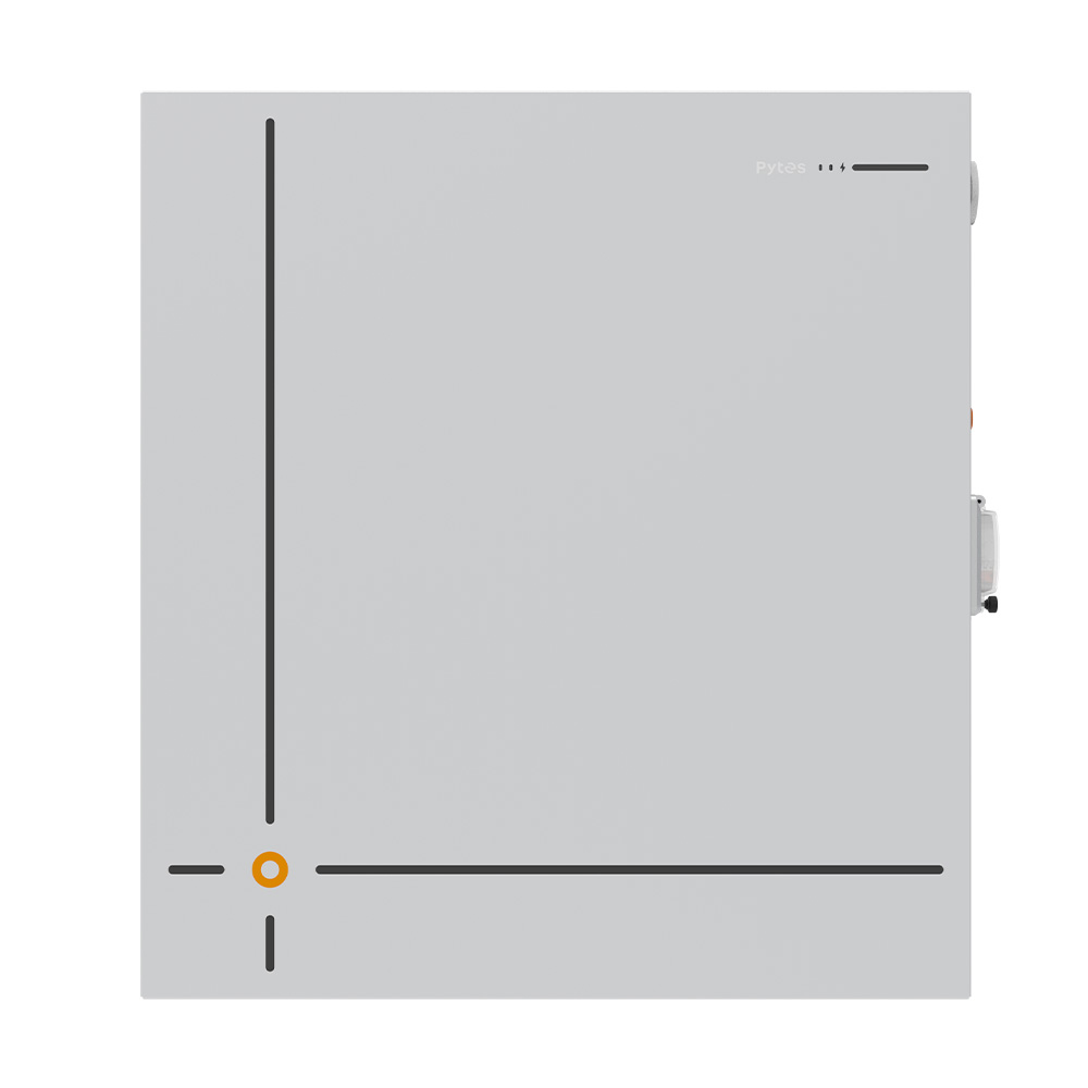 Quadratischer Pytes V16 LiFePO4 Batteriespeicher mit minimalistischer Front, zwei schwarzen Linien, einem kleinen orangefarbenen Kreis und drei kleinen Status-LEDs oben rechts