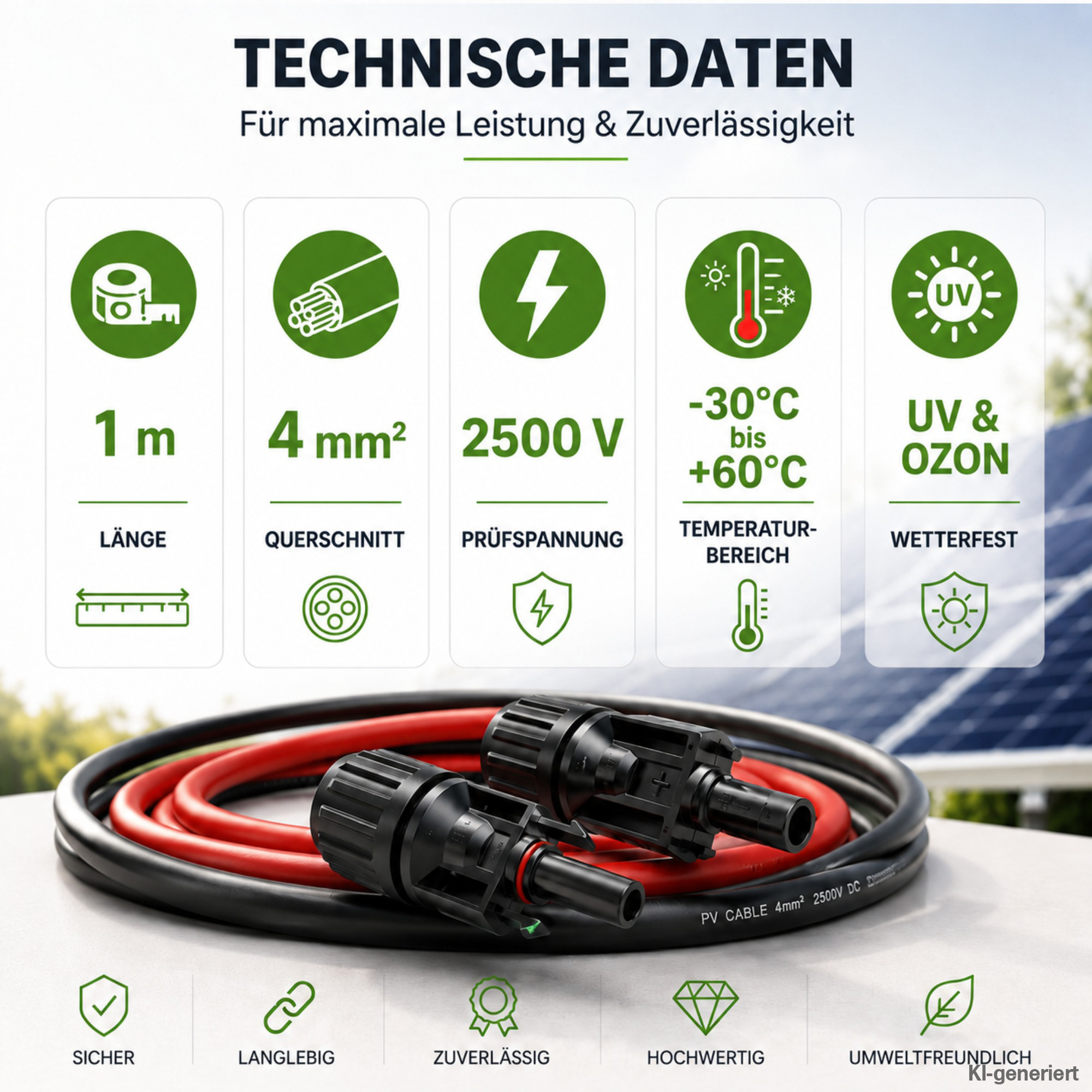 Technische Daten zu 1m 4mm Solarkabel mit Solarmodul im Hintergrund
