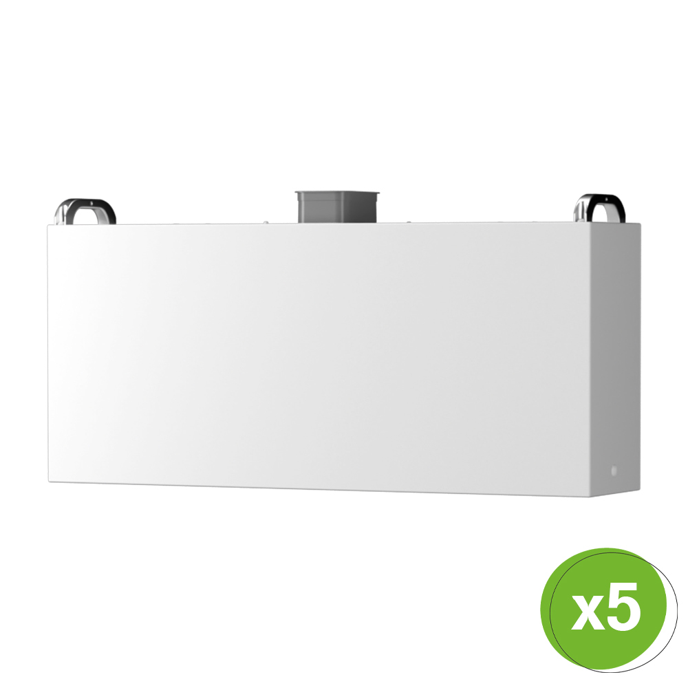 Schrägansicht des weißen, rechteckigen SolaX TP-HS50E Hochvolt-Batteriemoduls, Mengenangabe "x5"