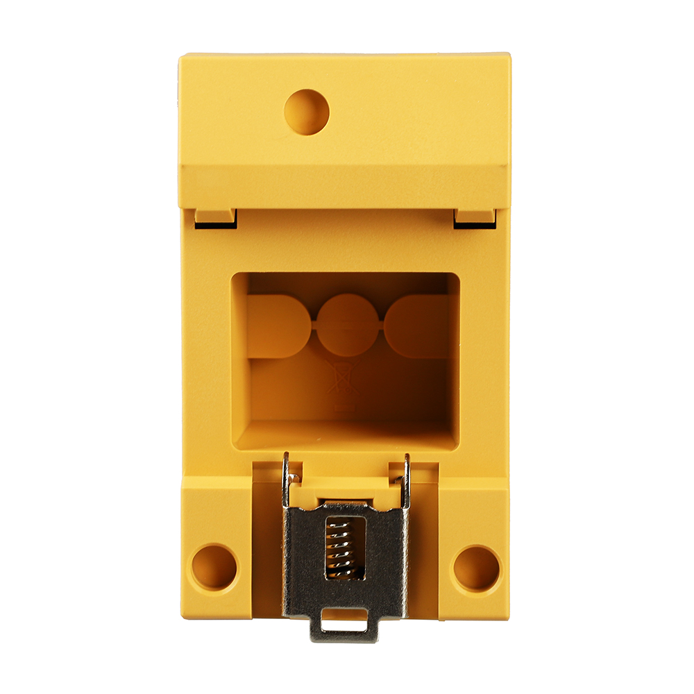 Rückansicht: Gelbe Offgridtec Schuko-Steckdose für Hutschienenmontage