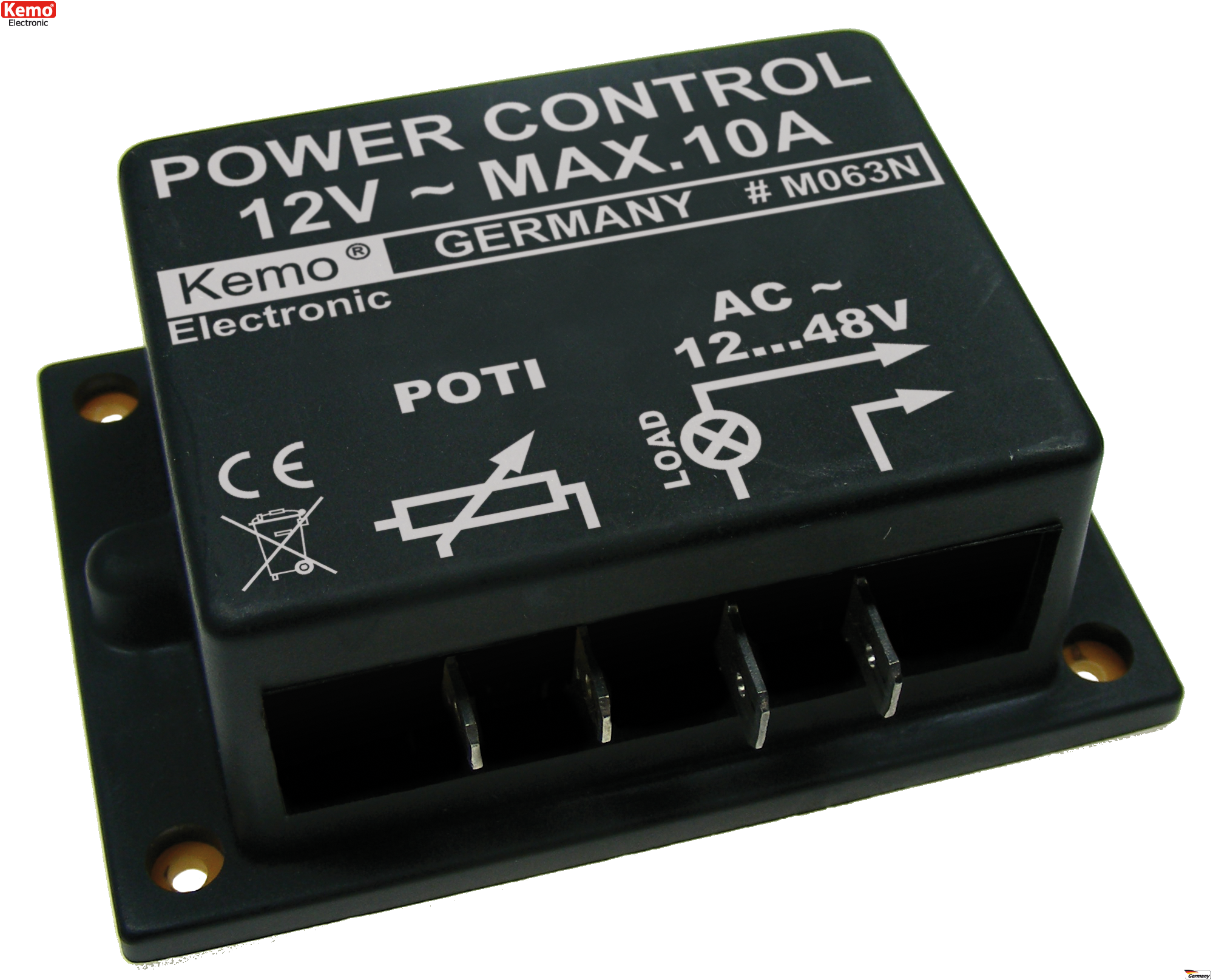 Schrägansicht des schwarzen Kemo M063N Dimmers mit Montagelöchern