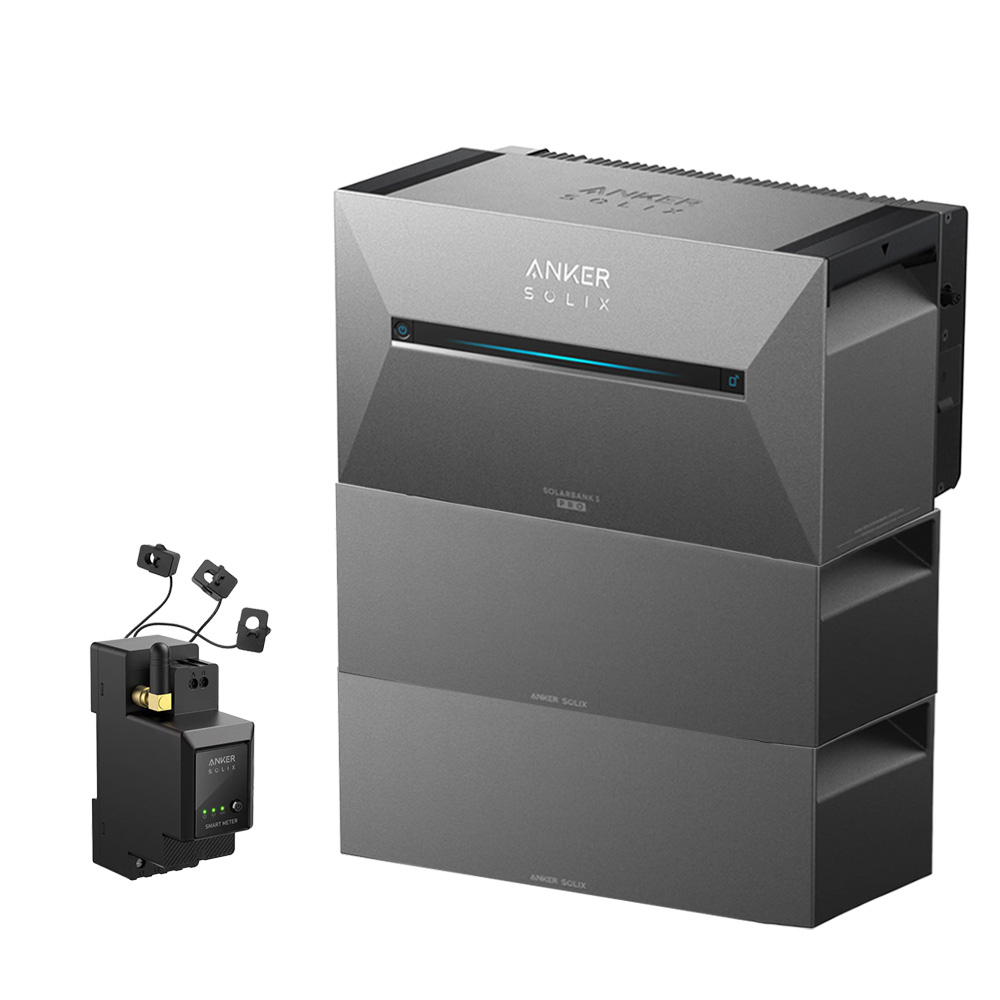 Setansicht: Anker Solix Stromzähler + 3 Stromwandler, daneben die Solix 3 Solarbank Pro E2700 mit 2 Erweiterungsbatterien