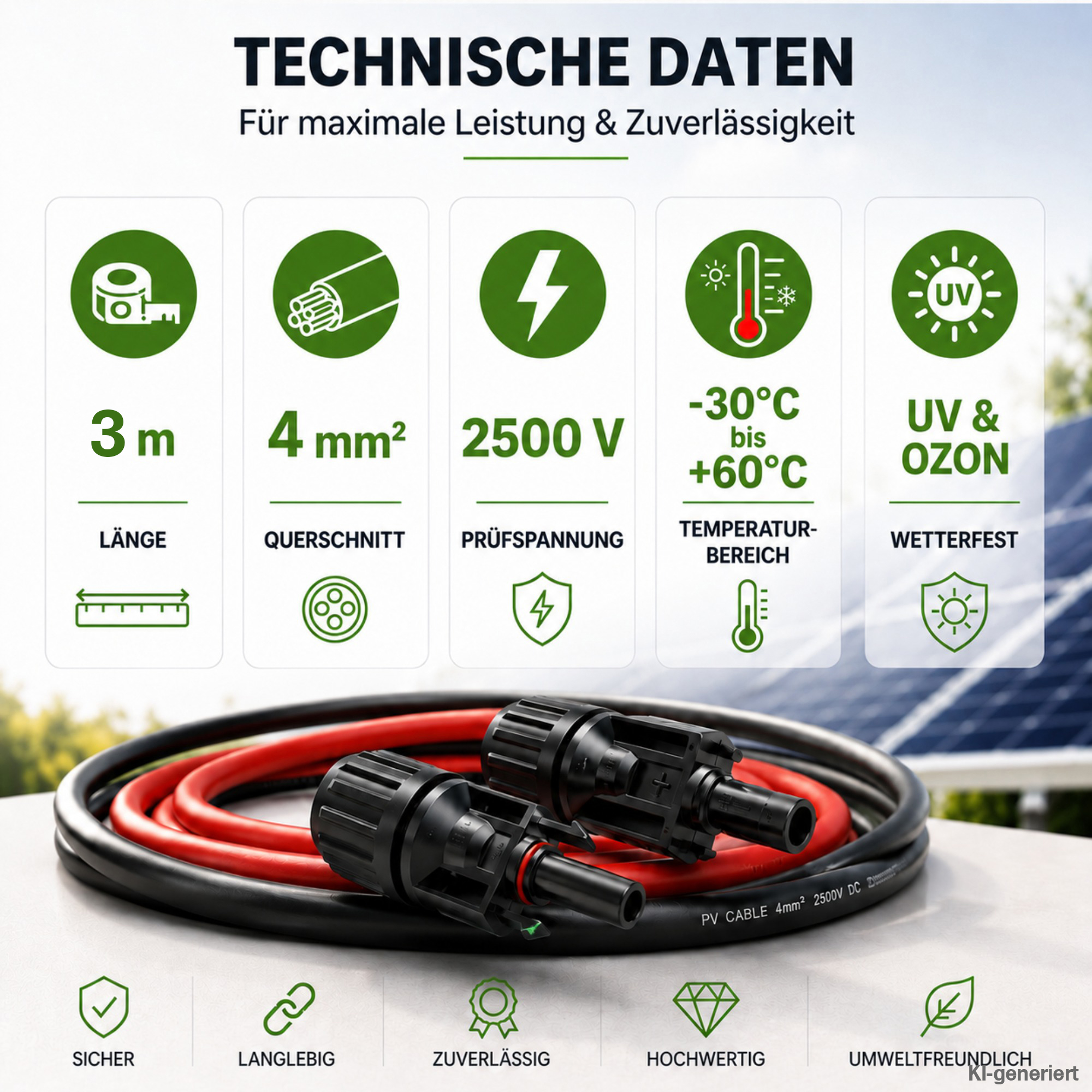 Technische Daten zu 3m 4mm Solarkabel mit Solarmodul im Hintergrund