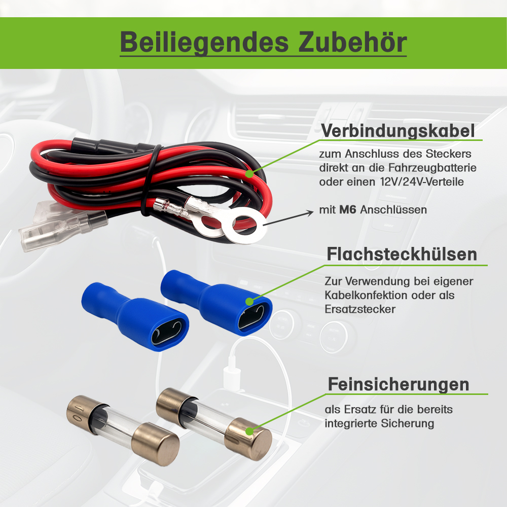 Infografik zum Zubehör USB-Dreifachsteckdose: Verbindungskabel, Flachsteckhülsen und Feinsicherungen