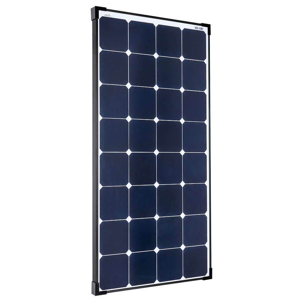 Solarmodul mit blauen Zellen und schwarzen Rahmen in Frontansicht
