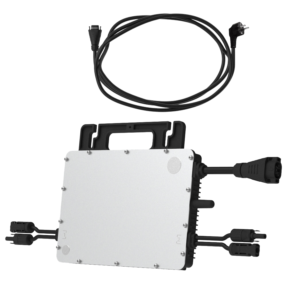 Schrägansicht des Hoymiles HMS-800W-2T Mikrowechslers mit passendem Anschlusskabel mit Schuko- und PV-Stecker in Draufsicht